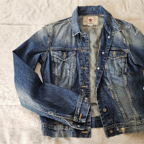 French Connection Denim Jean Jacket Sistressed blue. Size Medium. - Picture 4 of 5